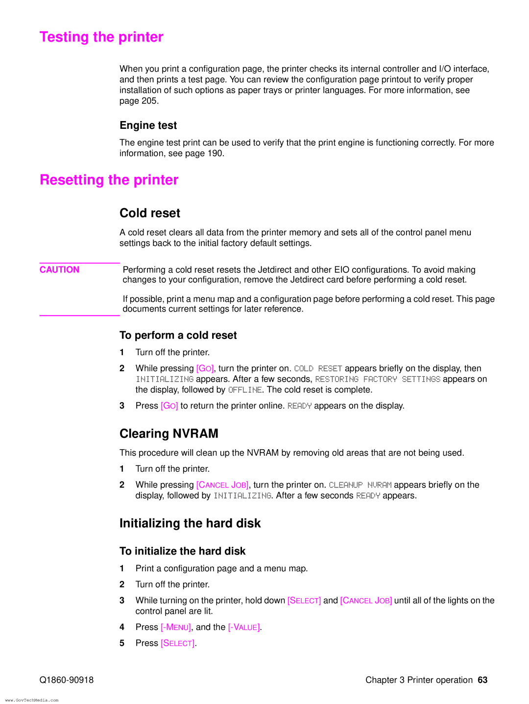 HP 5100LE manual Testing the printer, Resetting the printer, Cold reset, Clearing Nvram, Initializing the hard disk 