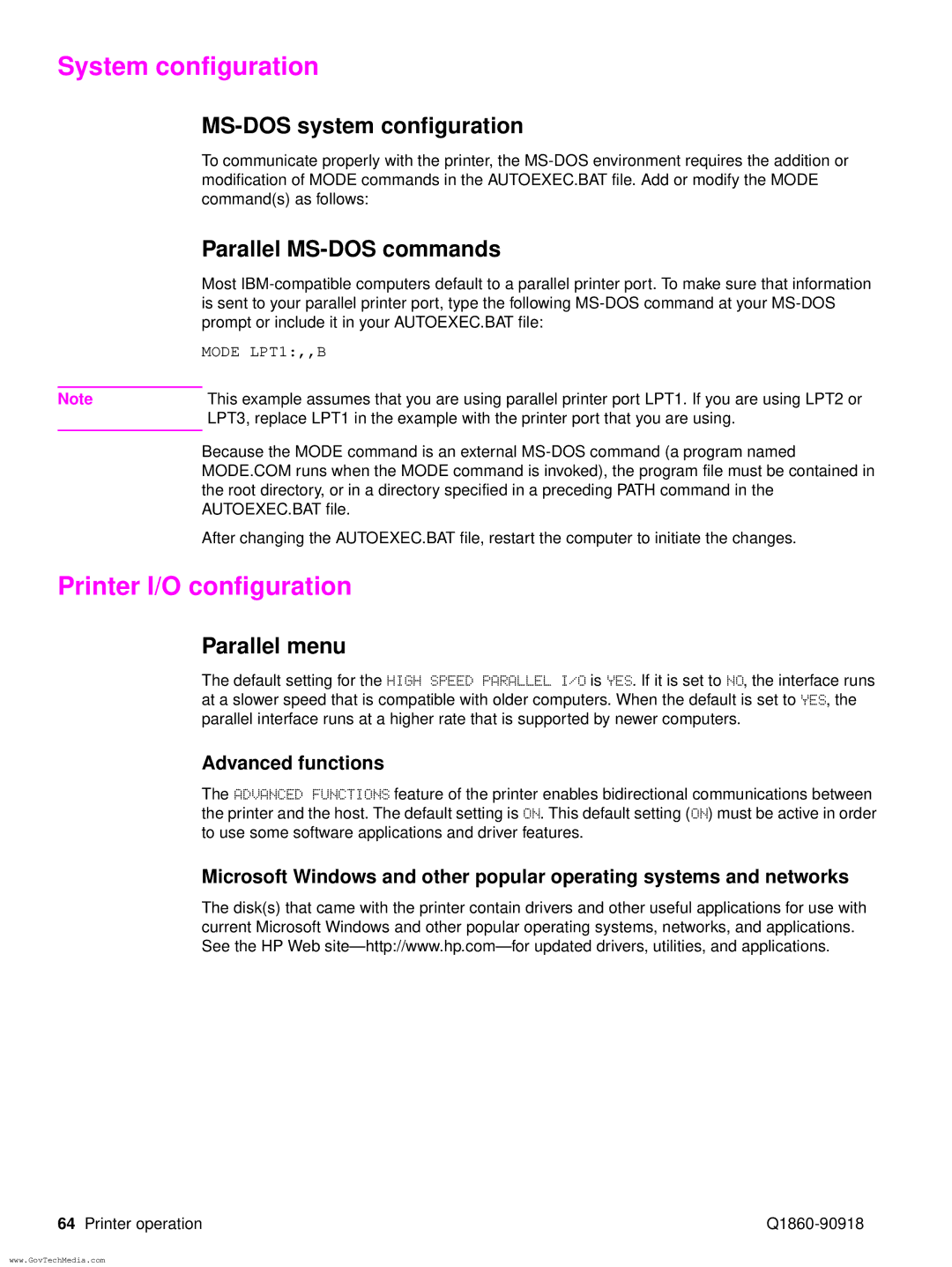 HP 5100LE manual System configuration, Printer I/O configuration, MS-DOS system configuration, Parallel MS-DOS commands 