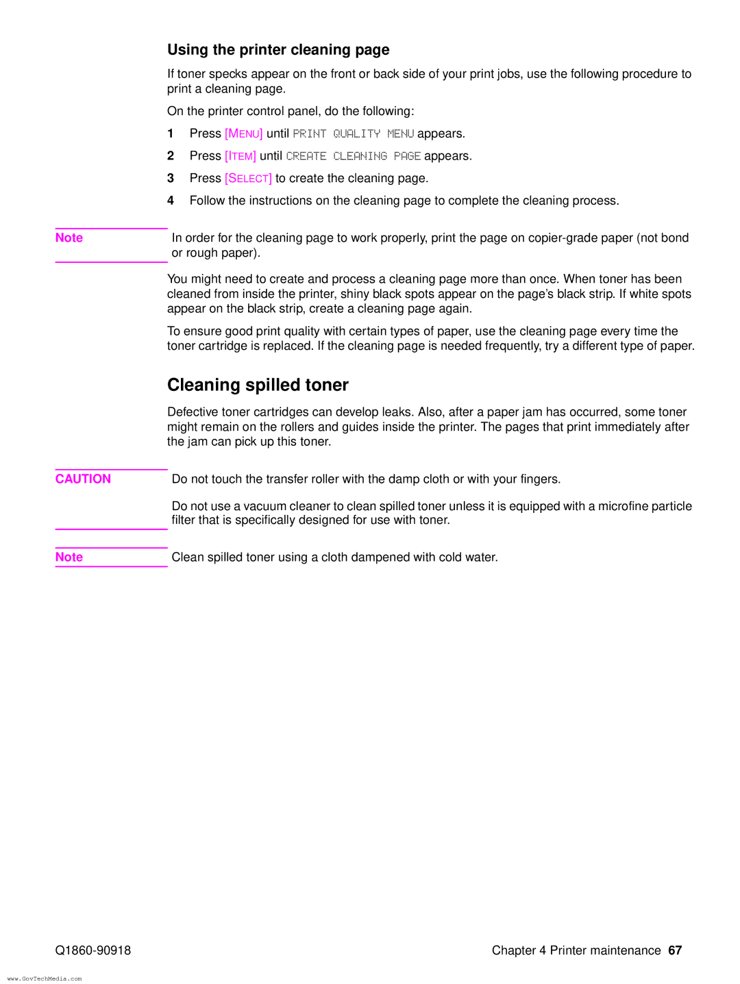 HP 5100LE manual Cleaning spilled toner, Using the printer cleaning 