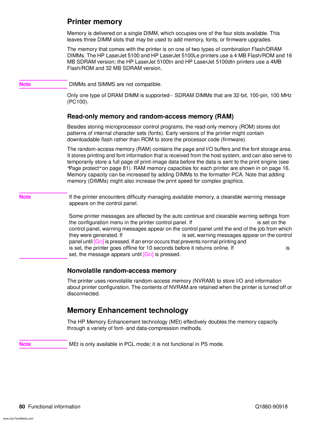 HP 5100LE manual Printer memory, Memory Enhancement technology, Read-only memory and random-access memory RAM 