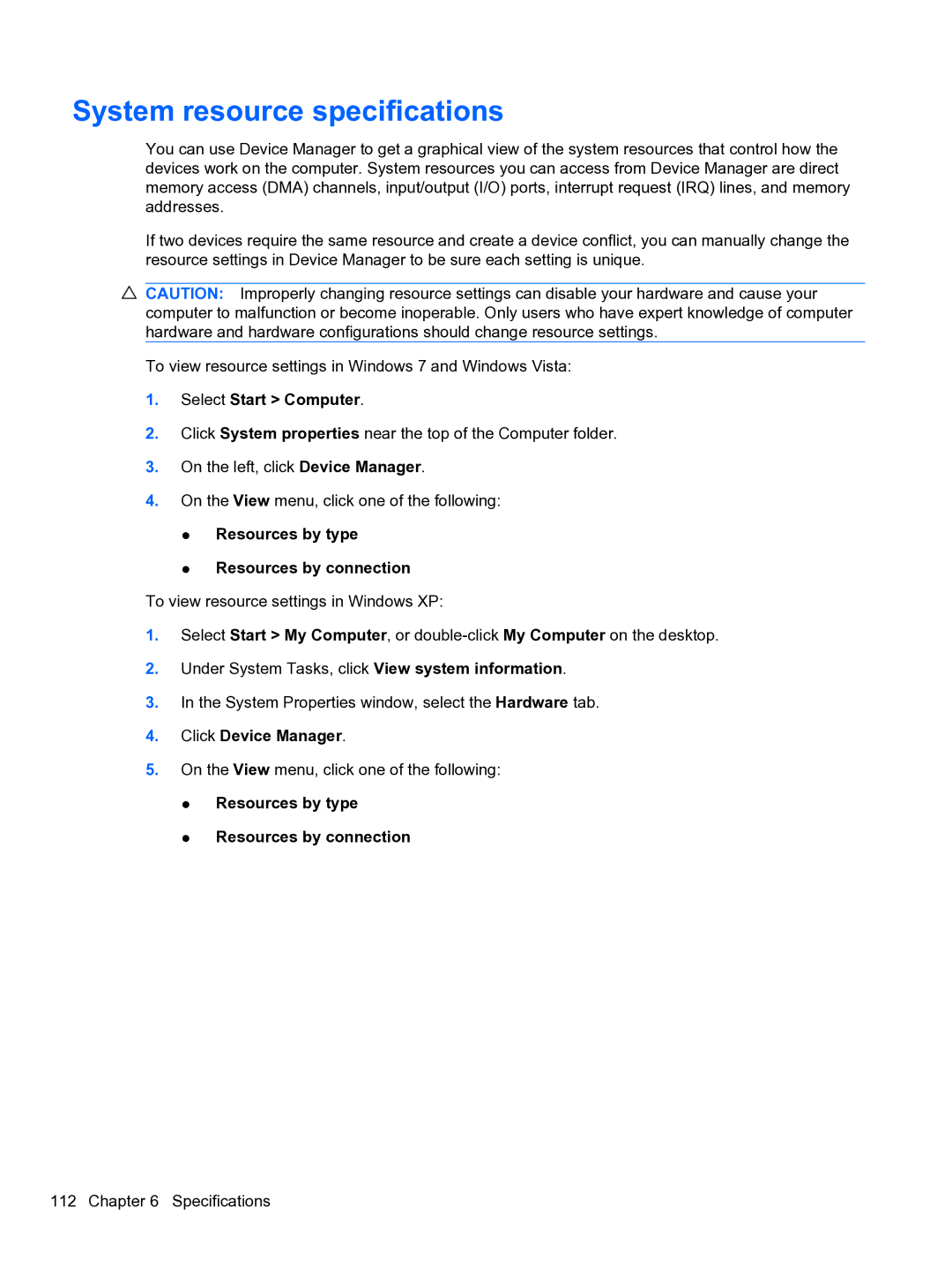 HP 5102 manual System resource specifications, Select Start Computer 