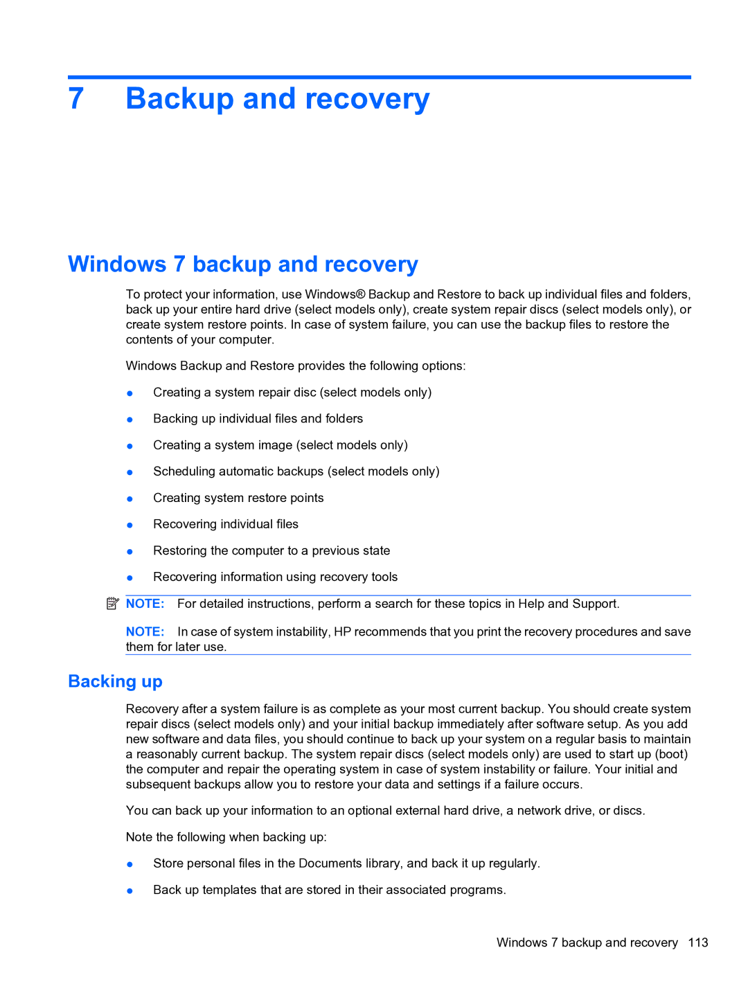 HP 5102 manual Backup and recovery, Windows 7 backup and recovery, Backing up 