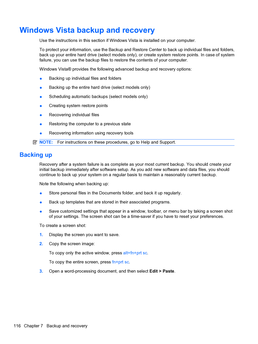 HP 5102 manual Windows Vista backup and recovery, Backing up 