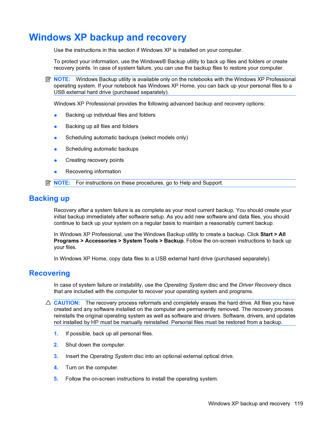 HP 5102 manual Windows XP backup and recovery, Backing up 