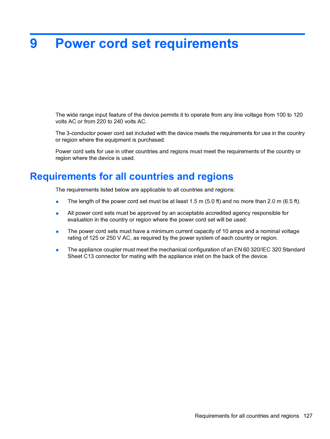 HP 5102 manual Power cord set requirements, Requirements for all countries and regions 