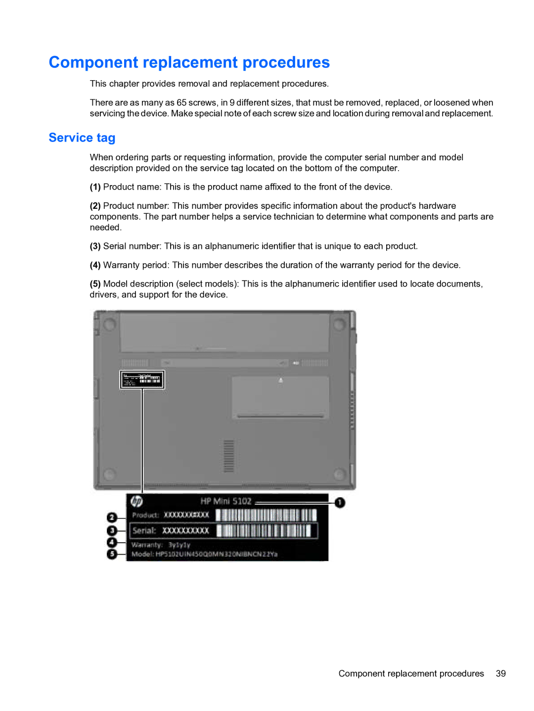 HP 5102 manual Component replacement procedures, Service tag 