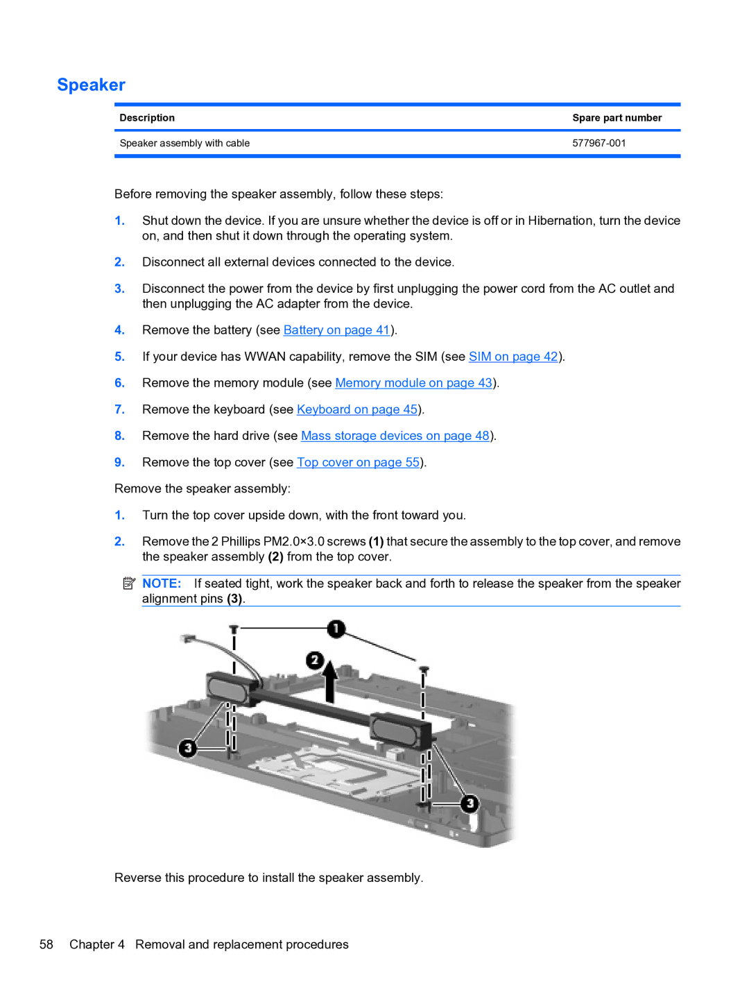 HP 5102 manual Speaker, Remove the hard drive see Mass storage devices on 