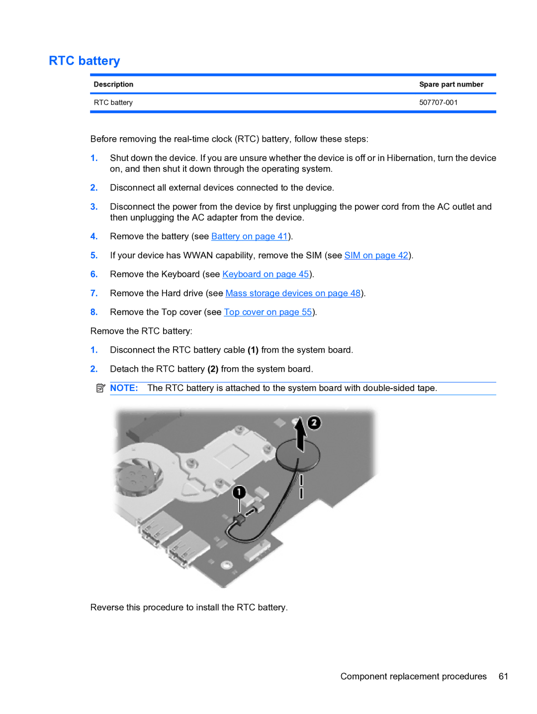 HP 5102 manual Description Spare part number RTC battery 507707-001 