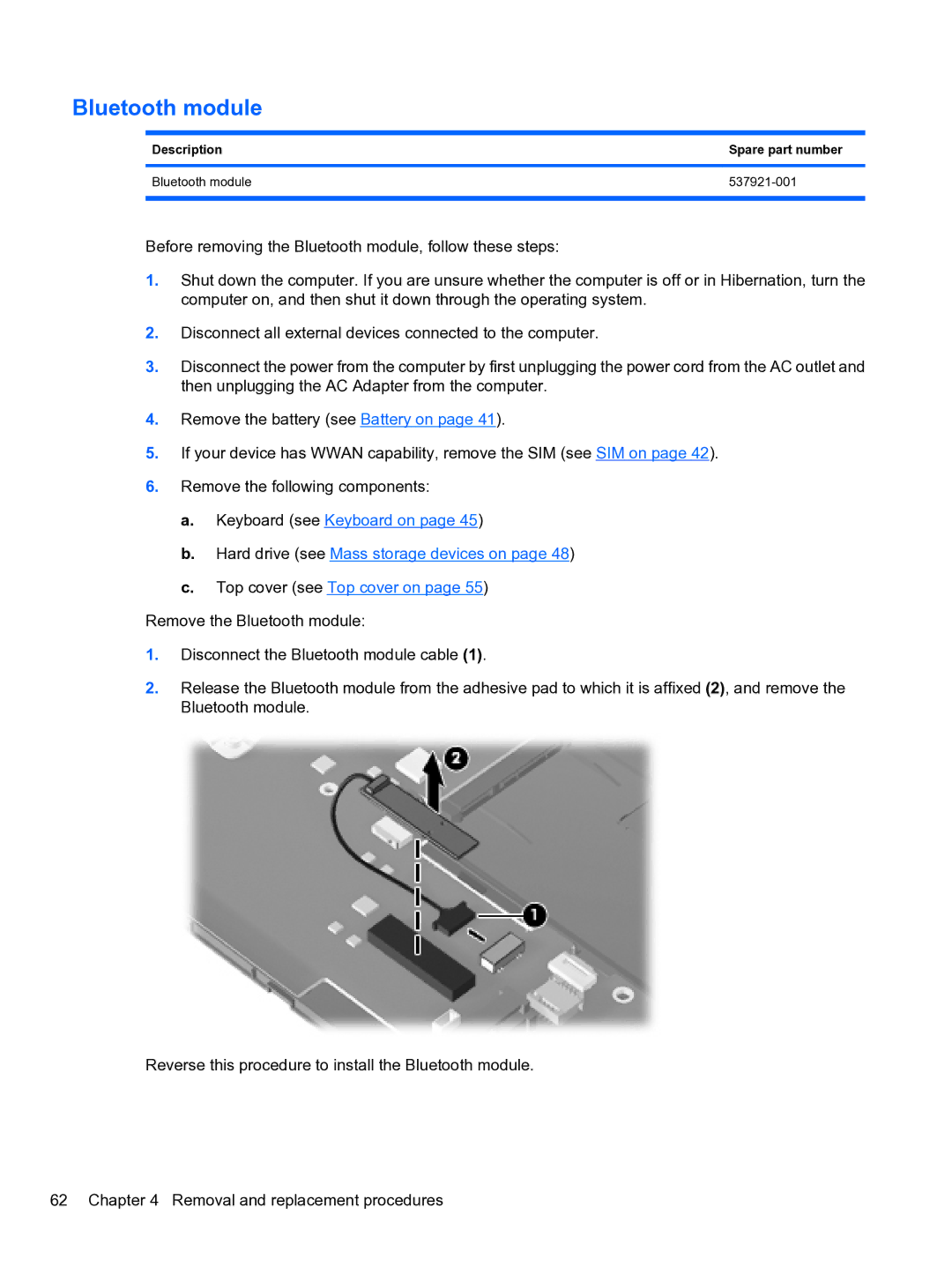 HP 5102 manual Description Spare part number Bluetooth module 537921-001 