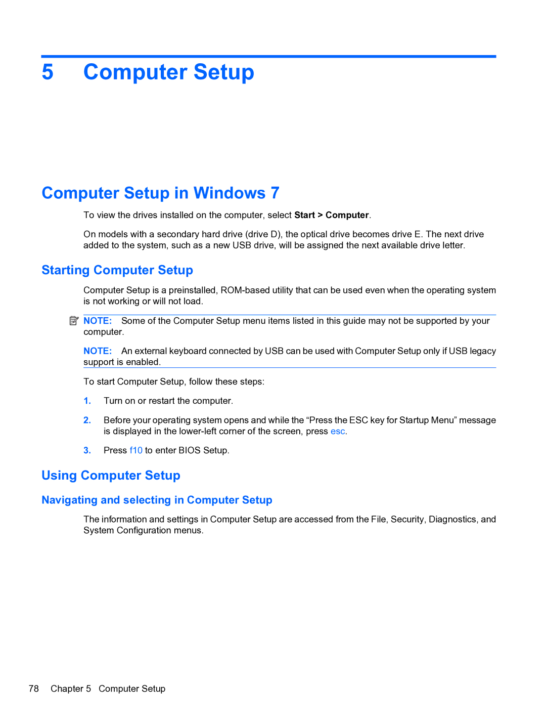 HP 5102 manual Computer Setup in Windows, Starting Computer Setup, Using Computer Setup 