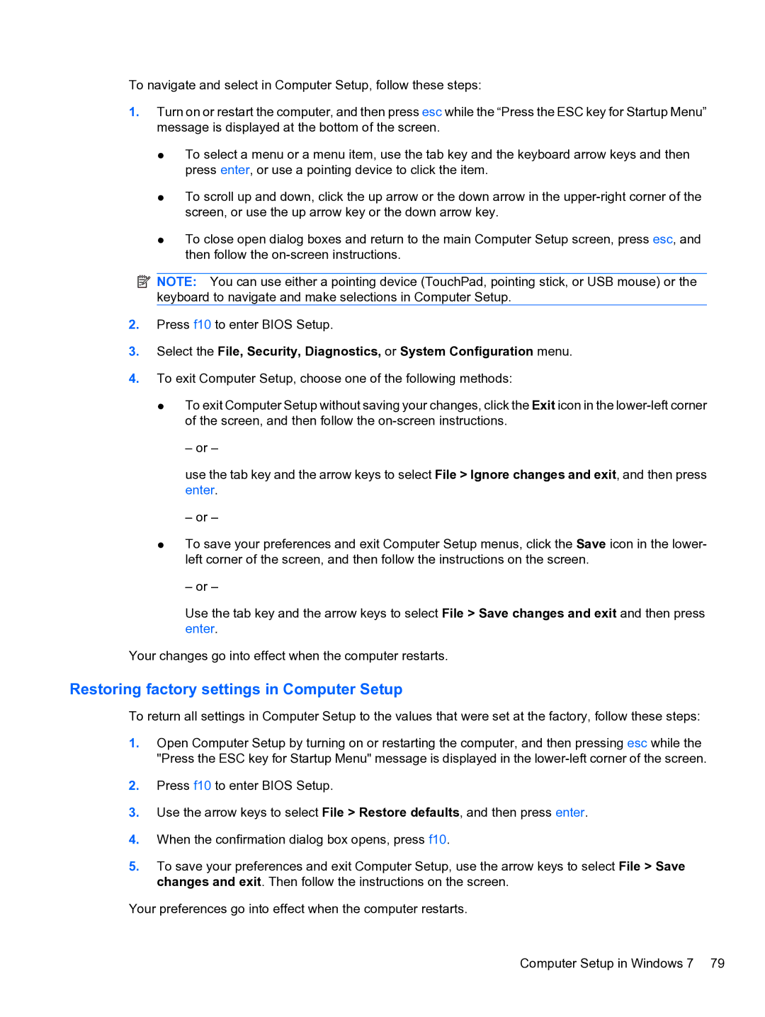 HP 5102 manual Restoring factory settings in Computer Setup 