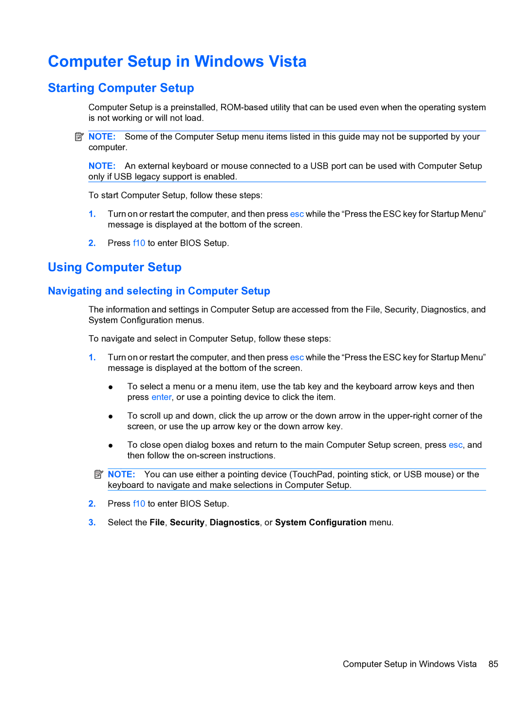 HP 5102 manual Computer Setup in Windows Vista, Starting Computer Setup 