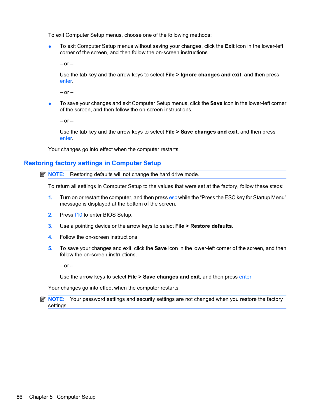 HP 5102 manual Restoring factory settings in Computer Setup 