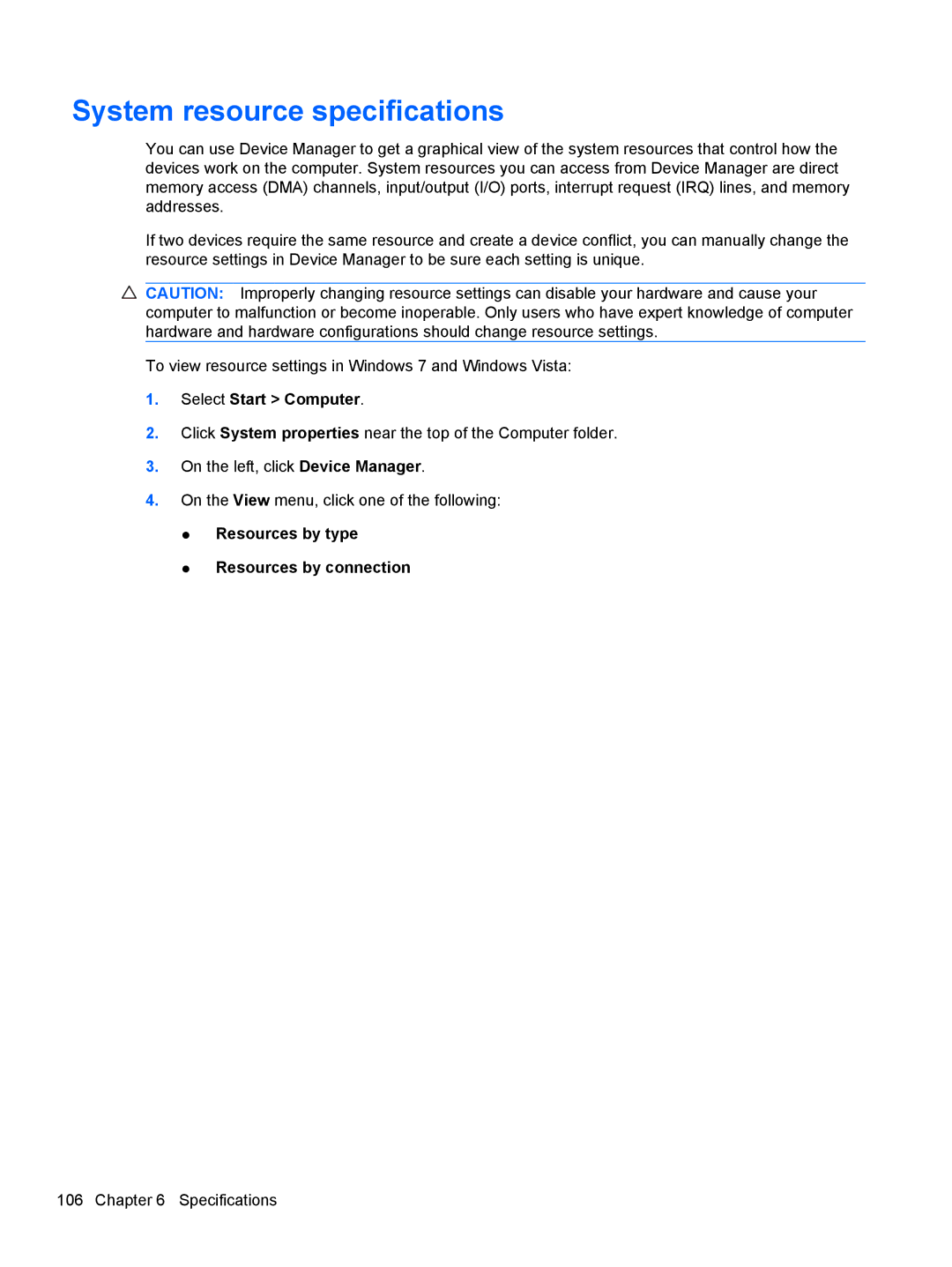 HP 5103 manual System resource specifications, Select Start Computer 