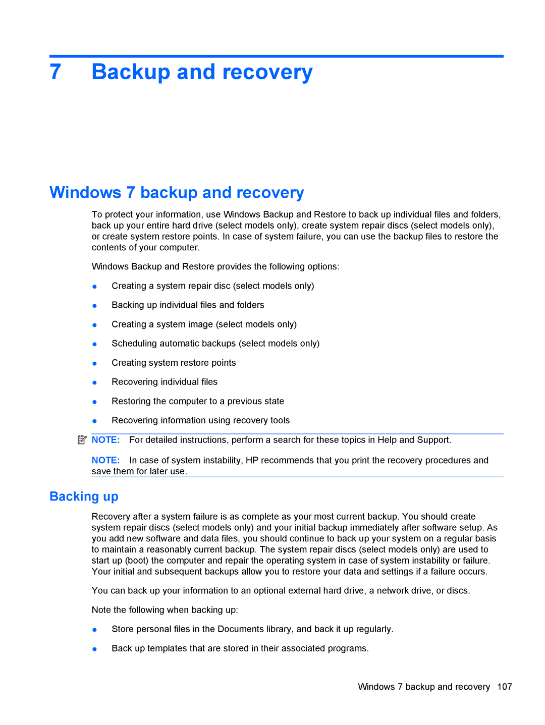 HP 5103 manual Backup and recovery, Windows 7 backup and recovery, Backing up 