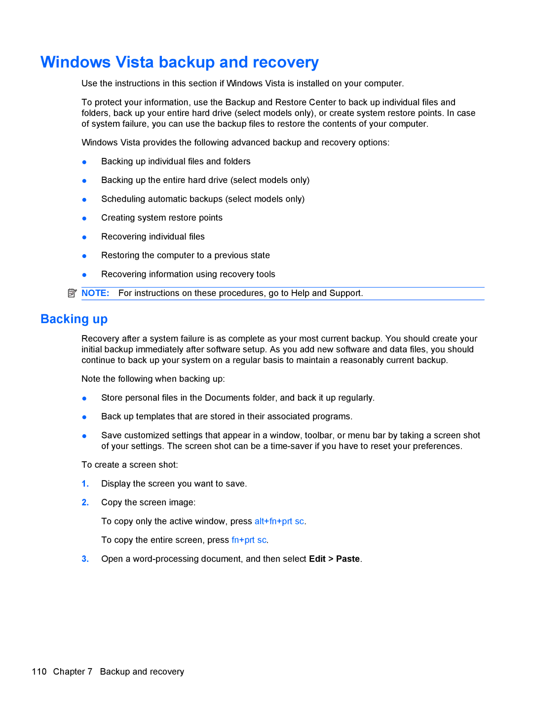 HP 5103 manual Windows Vista backup and recovery, Backing up 