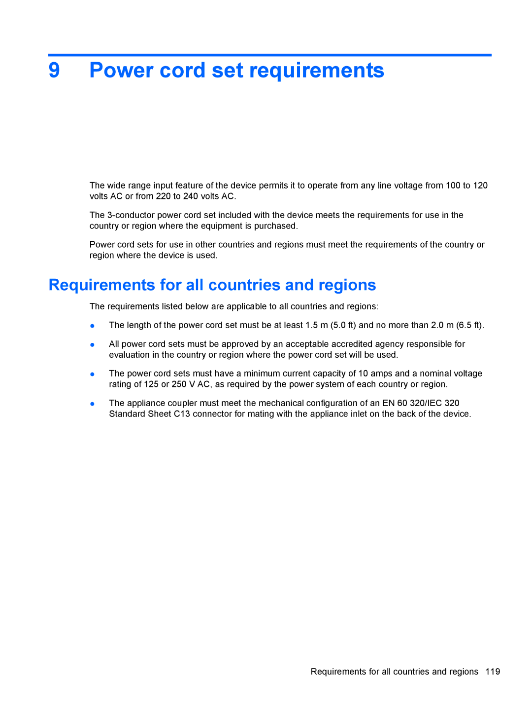 HP 5103 manual Power cord set requirements, Requirements for all countries and regions 