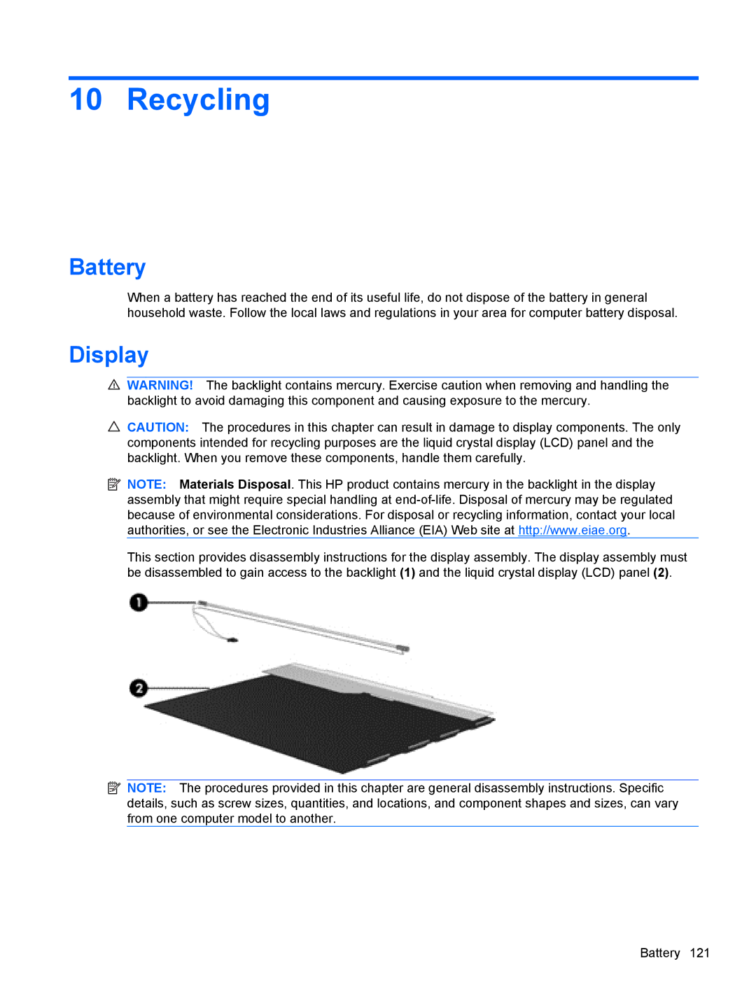 HP 5103 manual Recycling, Battery, Display 