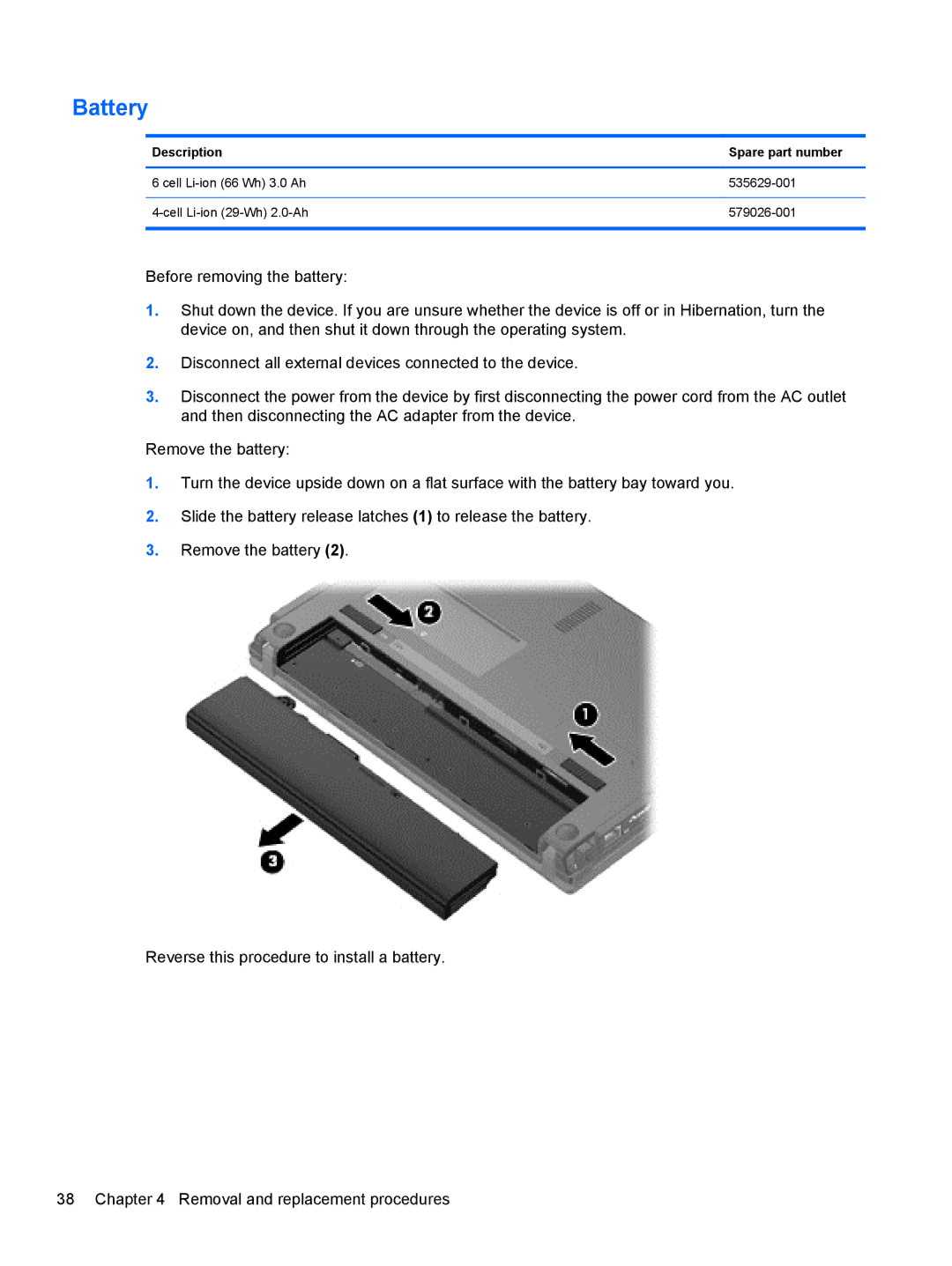 HP 5103 manual Battery, Description Spare part number 