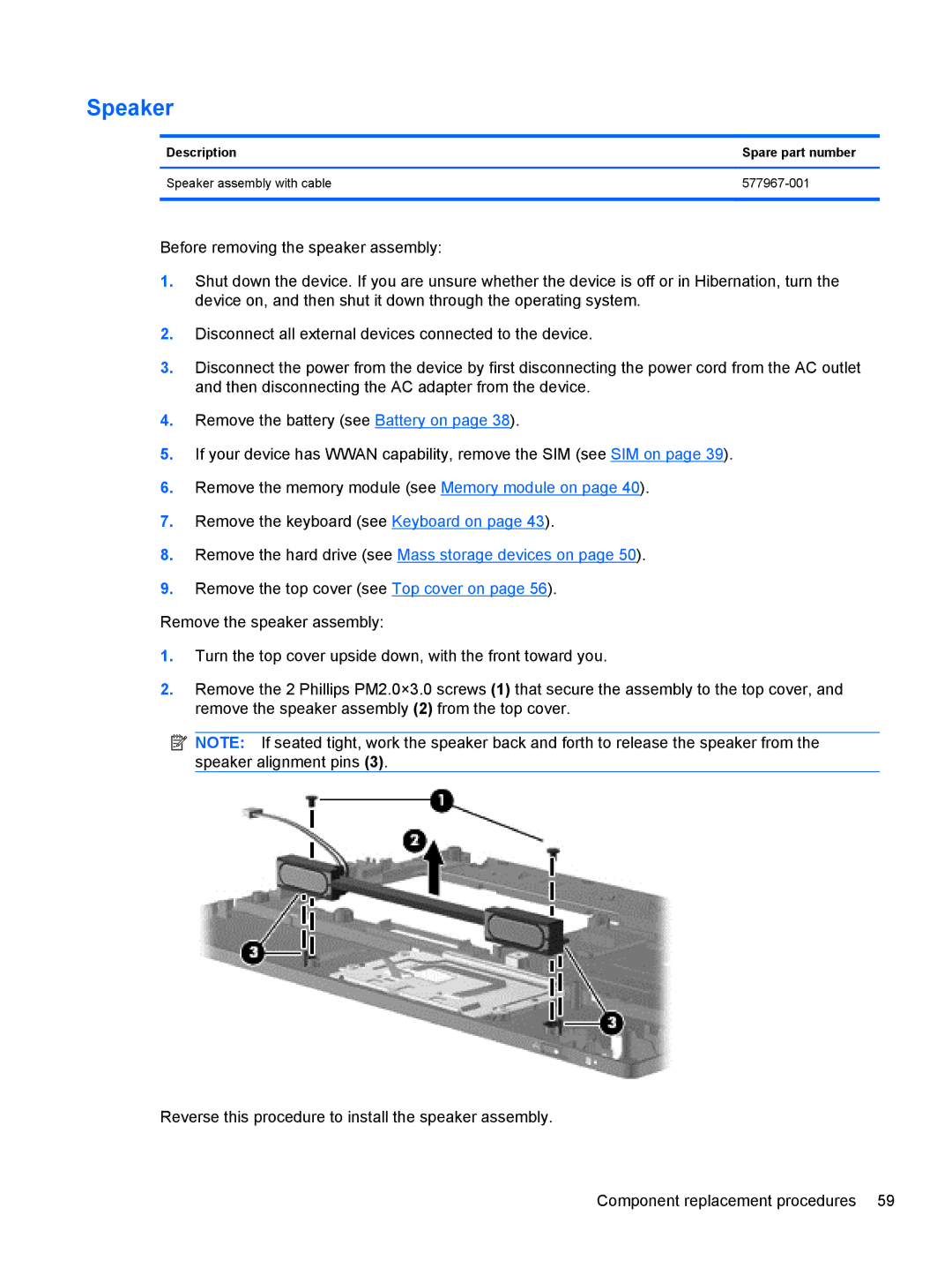 HP 5103 manual Speaker, Remove the hard drive see Mass storage devices on 