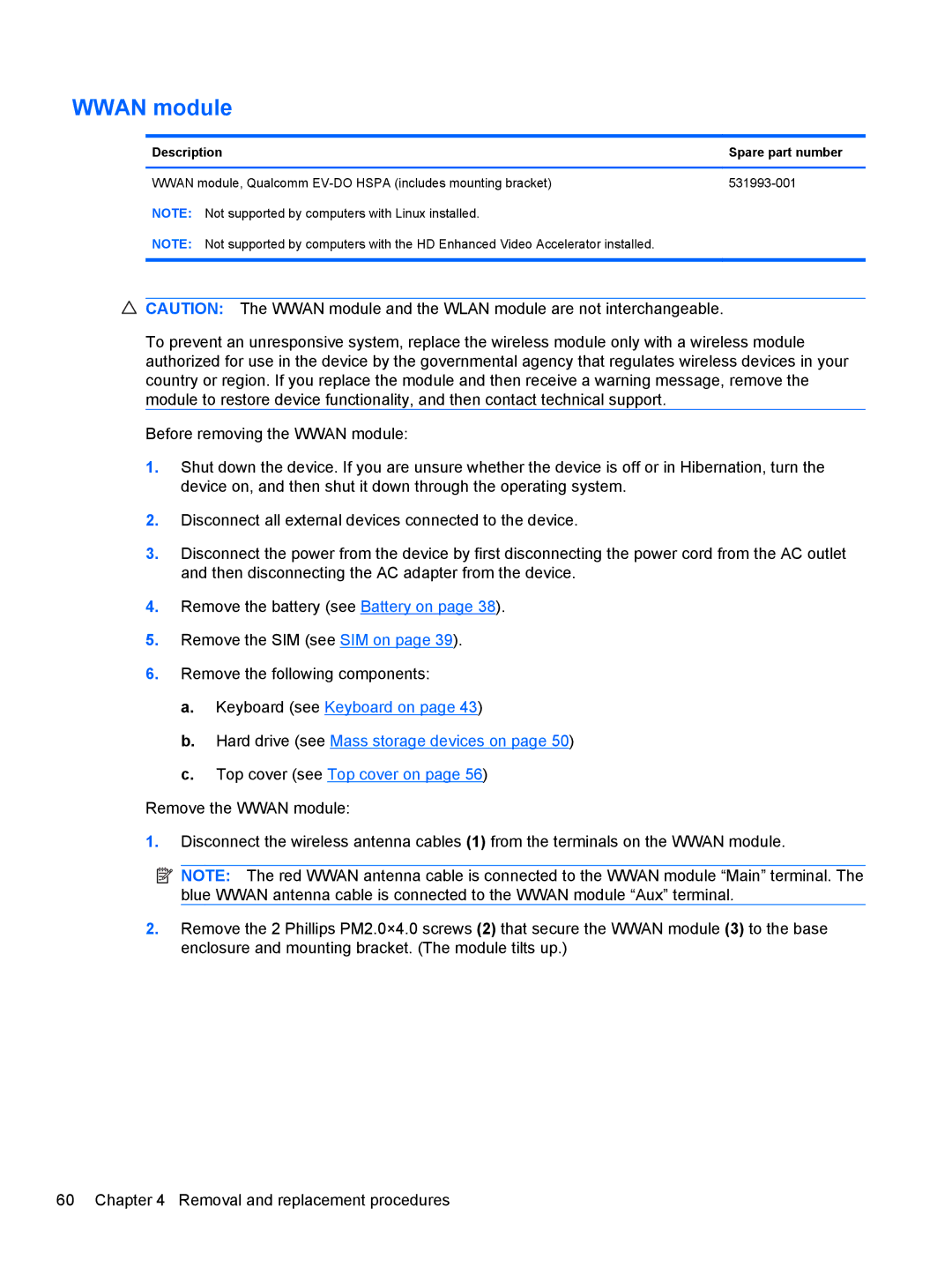 HP 5103 manual Wwan module, Description Spare part number 