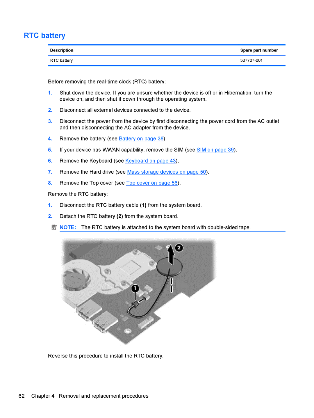 HP 5103 manual Description Spare part number RTC battery 507707-001 