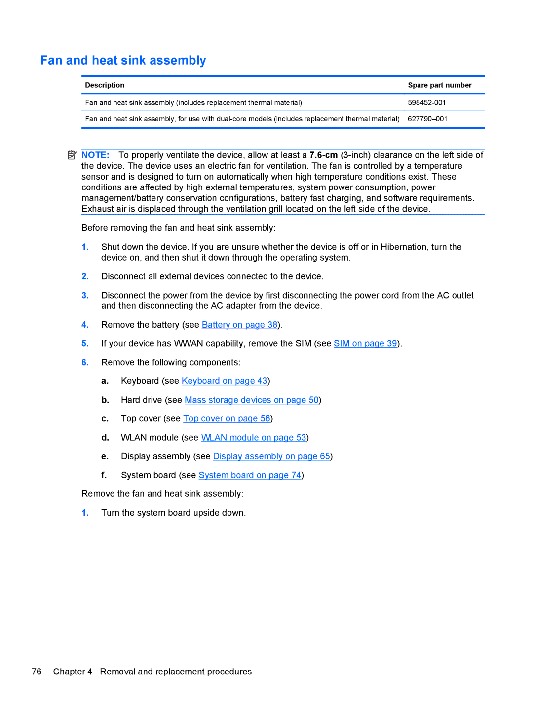 HP 5103 manual Fan and heat sink assembly 