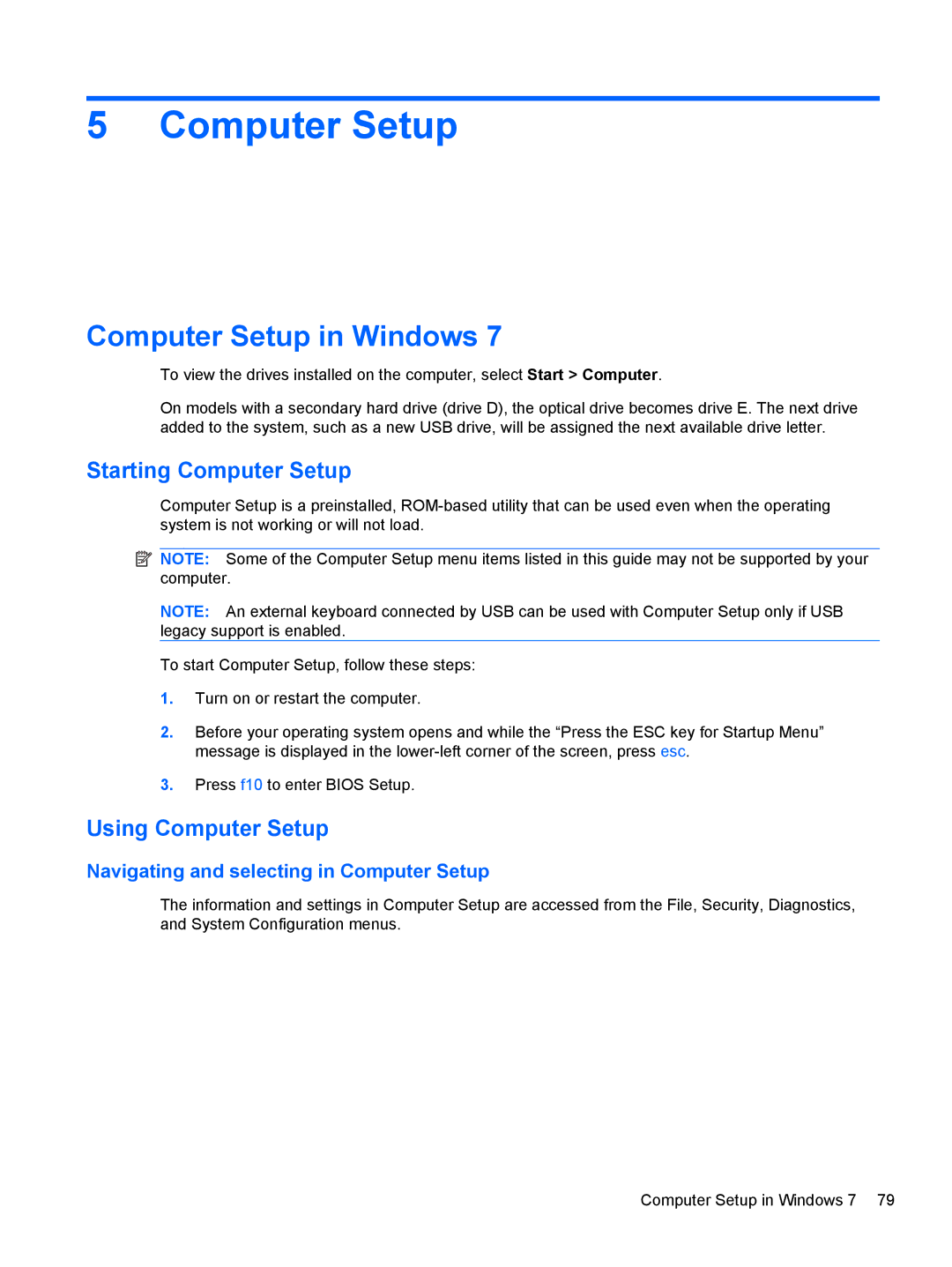 HP 5103 manual Computer Setup in Windows, Starting Computer Setup, Using Computer Setup 