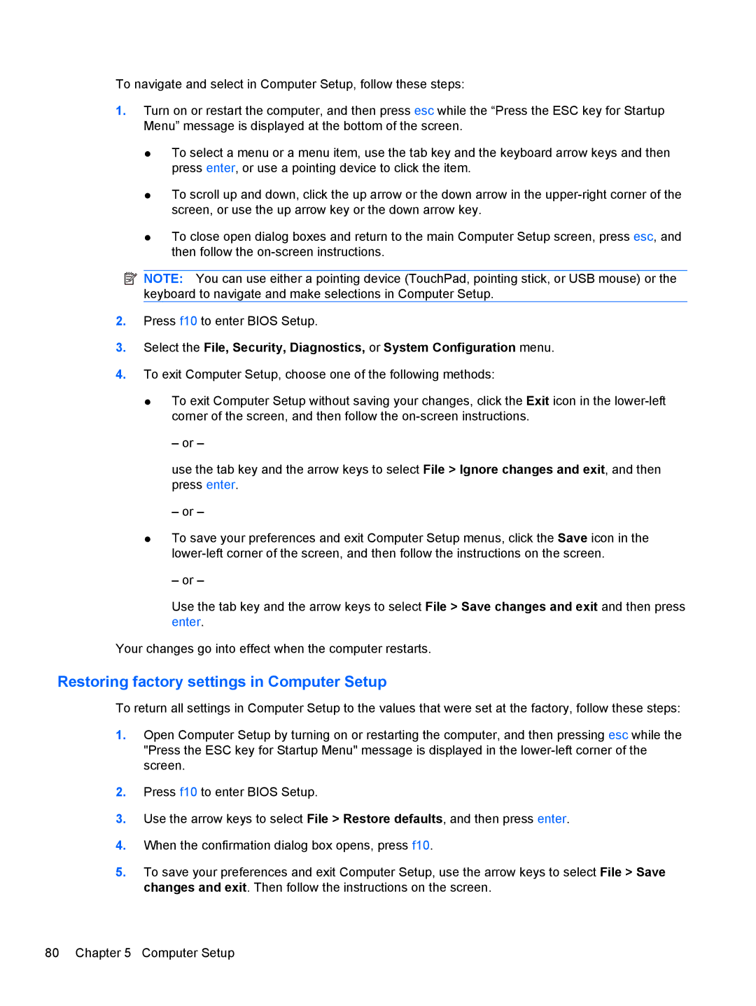 HP 5103 manual Restoring factory settings in Computer Setup 