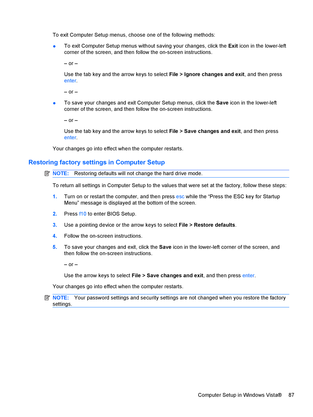 HP 5103 manual Restoring factory settings in Computer Setup 