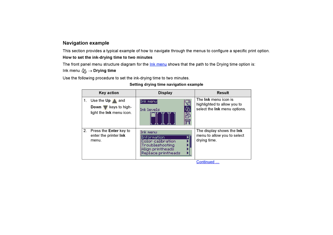 HP 510PS manual Navigation example, How to set the ink-drying time to two minutes 