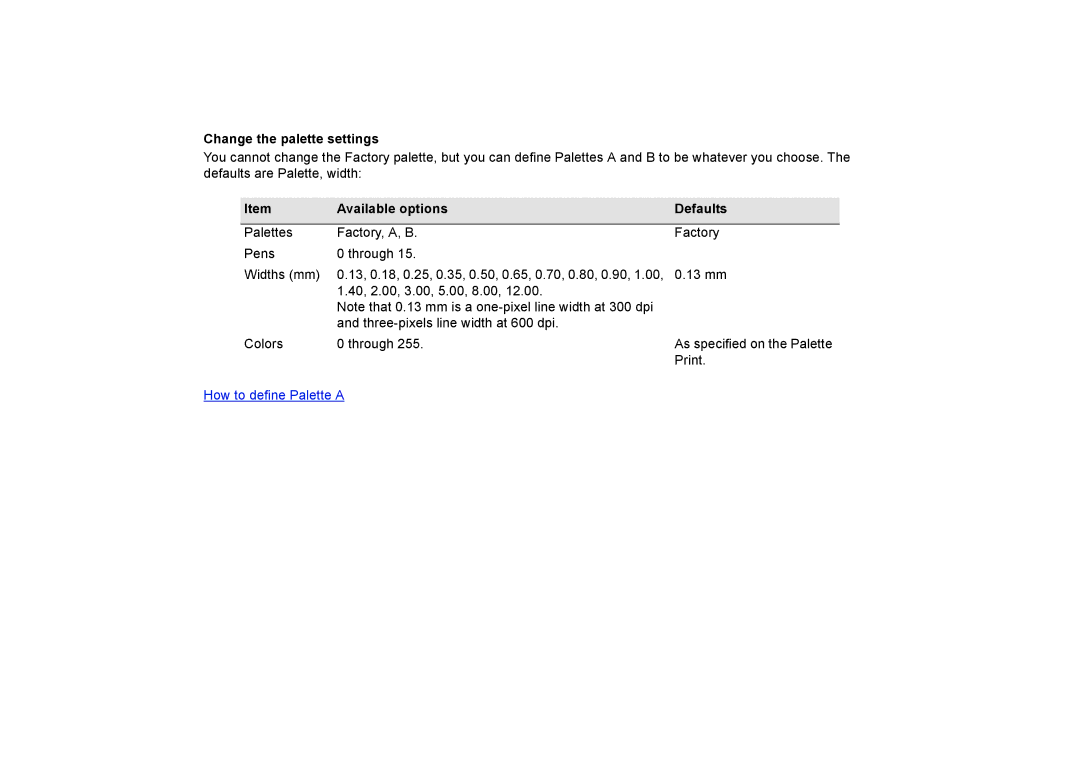 HP 510PS manual Change the palette settings, Available options Defaults 