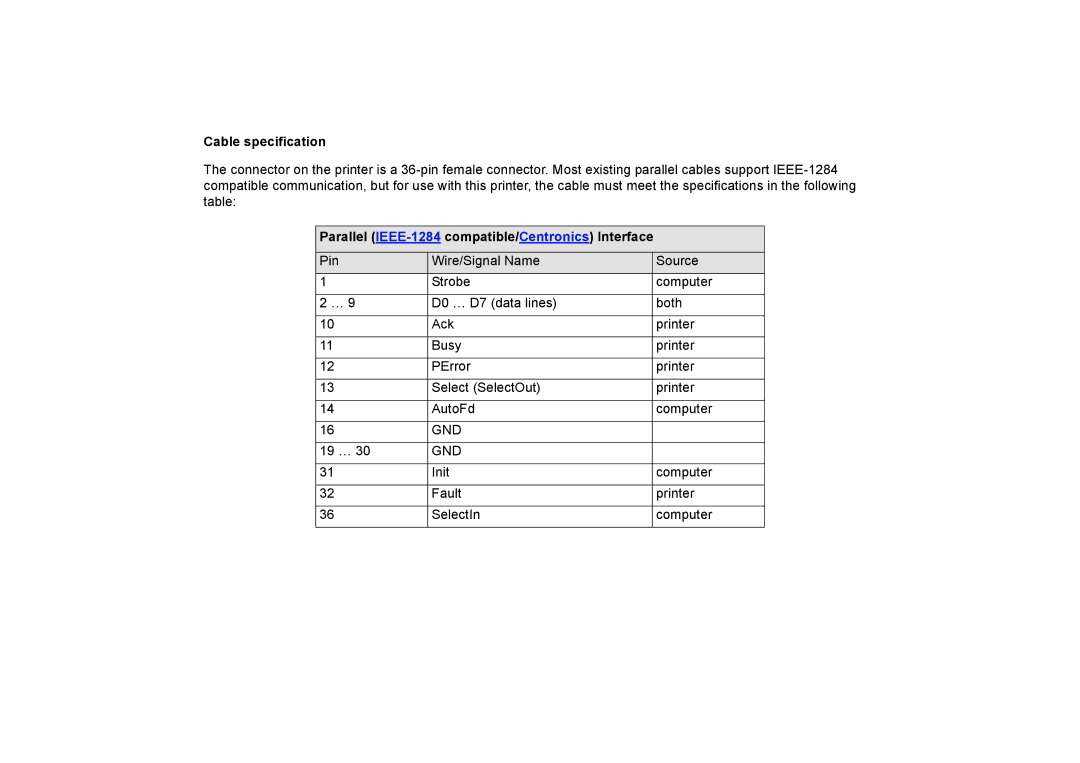 HP 510PS manual Cable specification, Parallel IEEE-1284 compatible/Centronics Interface 