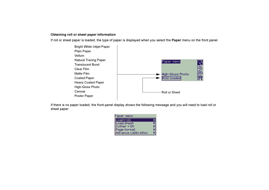 HP 510PS manual Obtaining roll or sheet paper information 