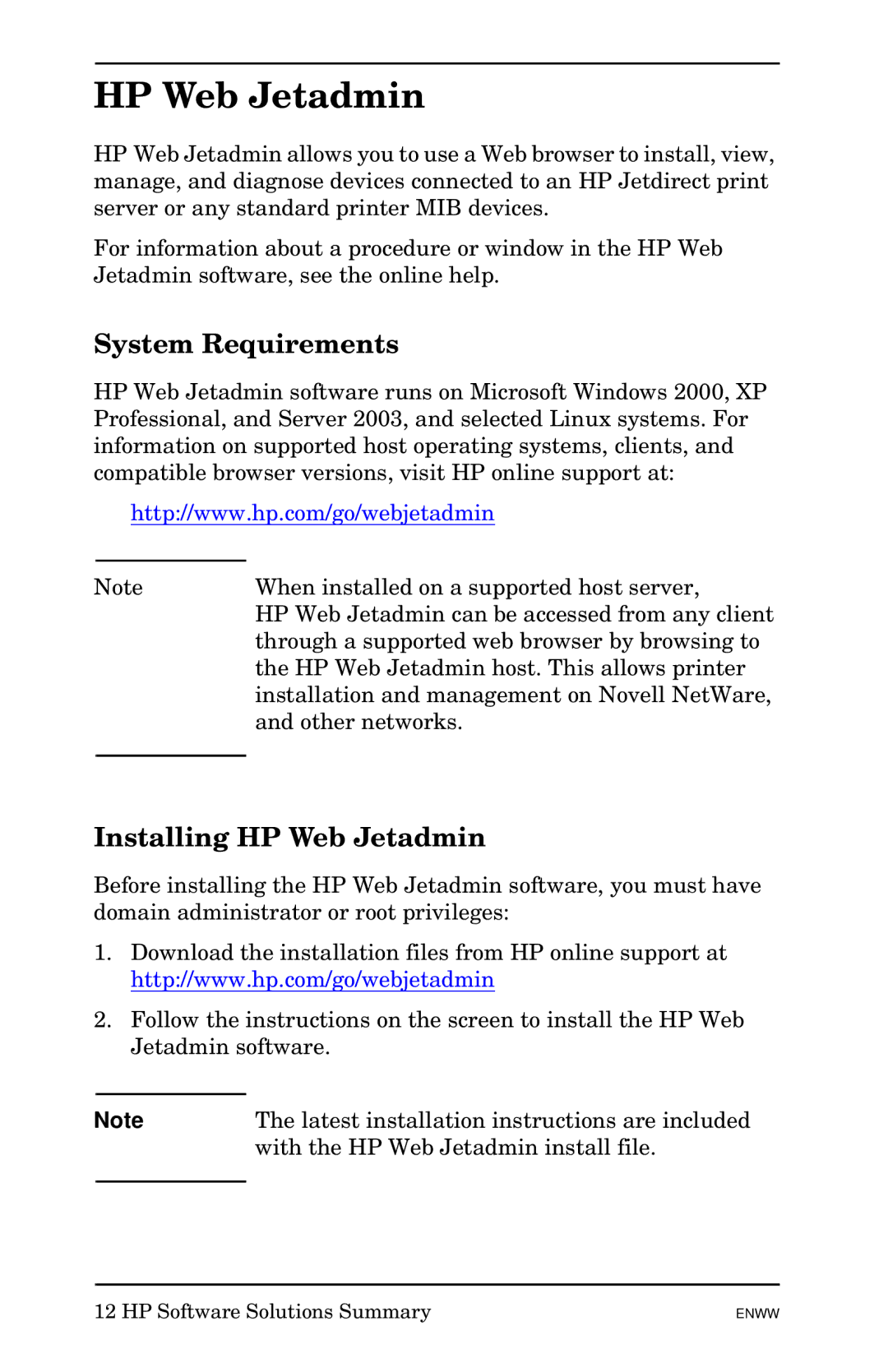 HP 510x Print Server manual System Requirements, Installing HP Web Jetadmin 