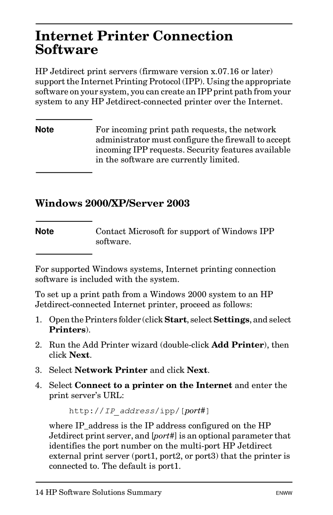 HP 510x Print Server manual Internet Printer Connection Software, Windows 2000/XP/Server 