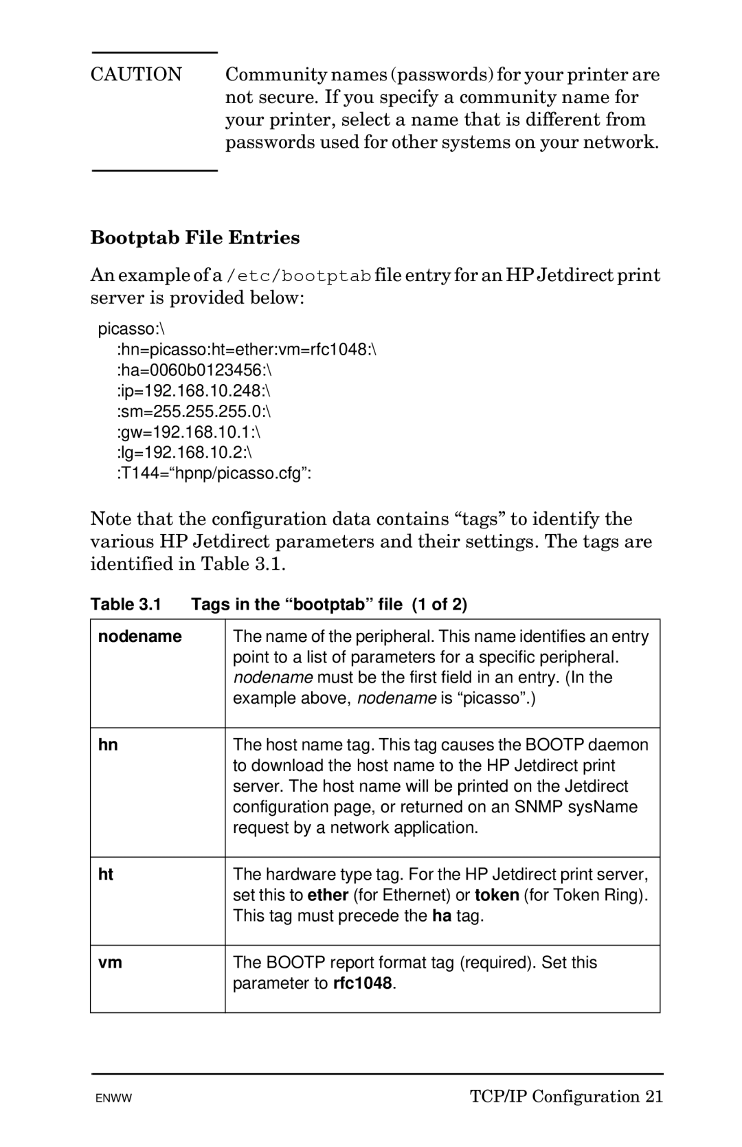 HP 510x Print Server manual Bootptab File Entries, Tags in the bootptab file 1, Nodename 