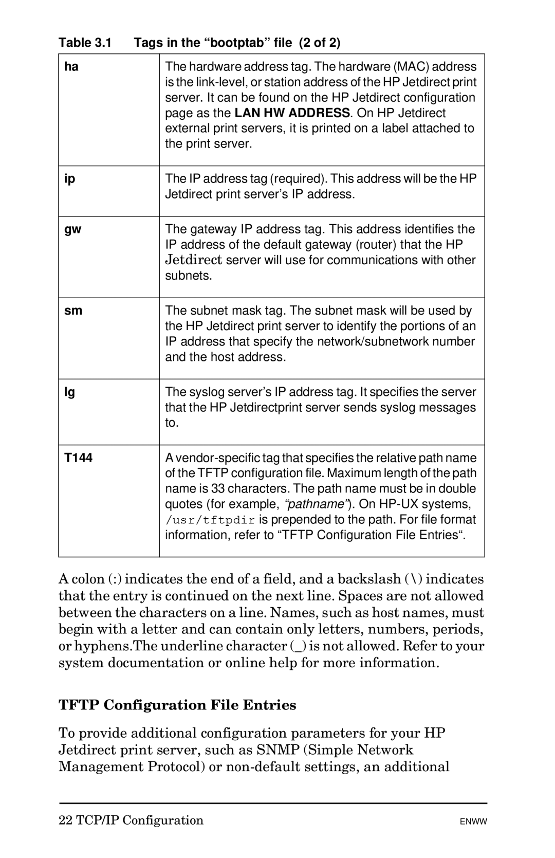 HP 510x Print Server manual Tftp Configuration File Entries, Tags in the bootptab file 2, T144 