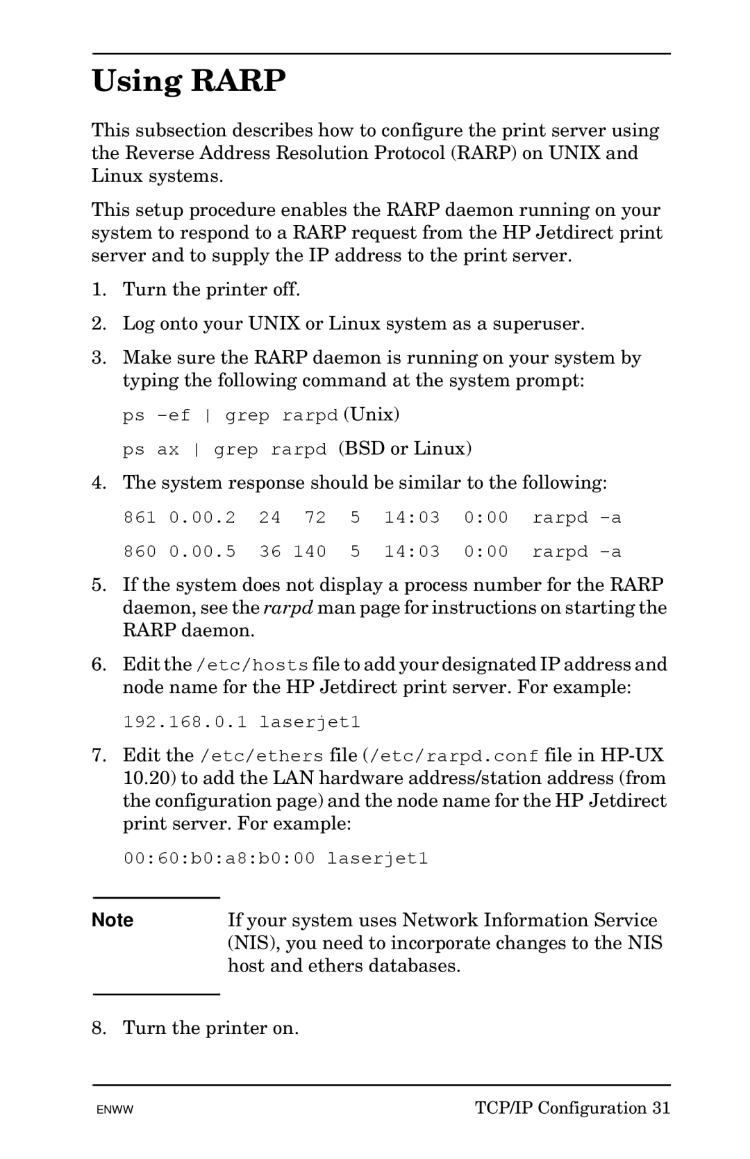 HP 510x Print Server manual Using Rarp 