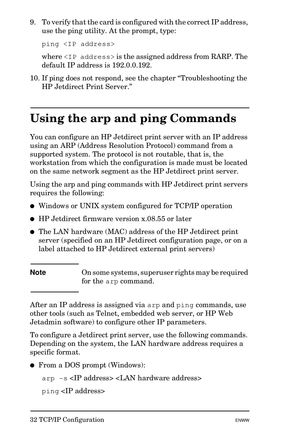 HP 510x Print Server manual Using the arp and ping Commands 