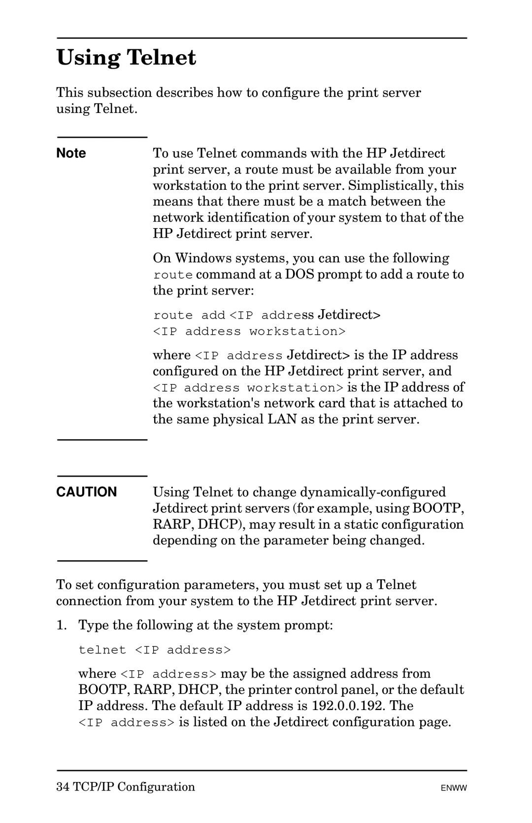 HP 510x Print Server manual Using Telnet 