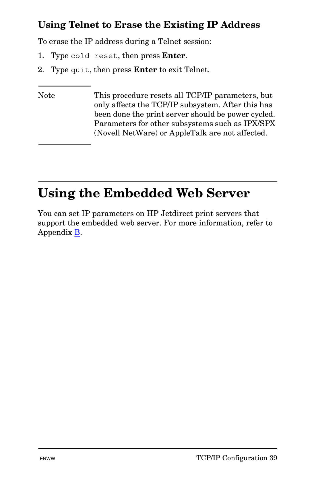 HP 510x Print Server manual Using the Embedded Web Server, Using Telnet to Erase the Existing IP Address 