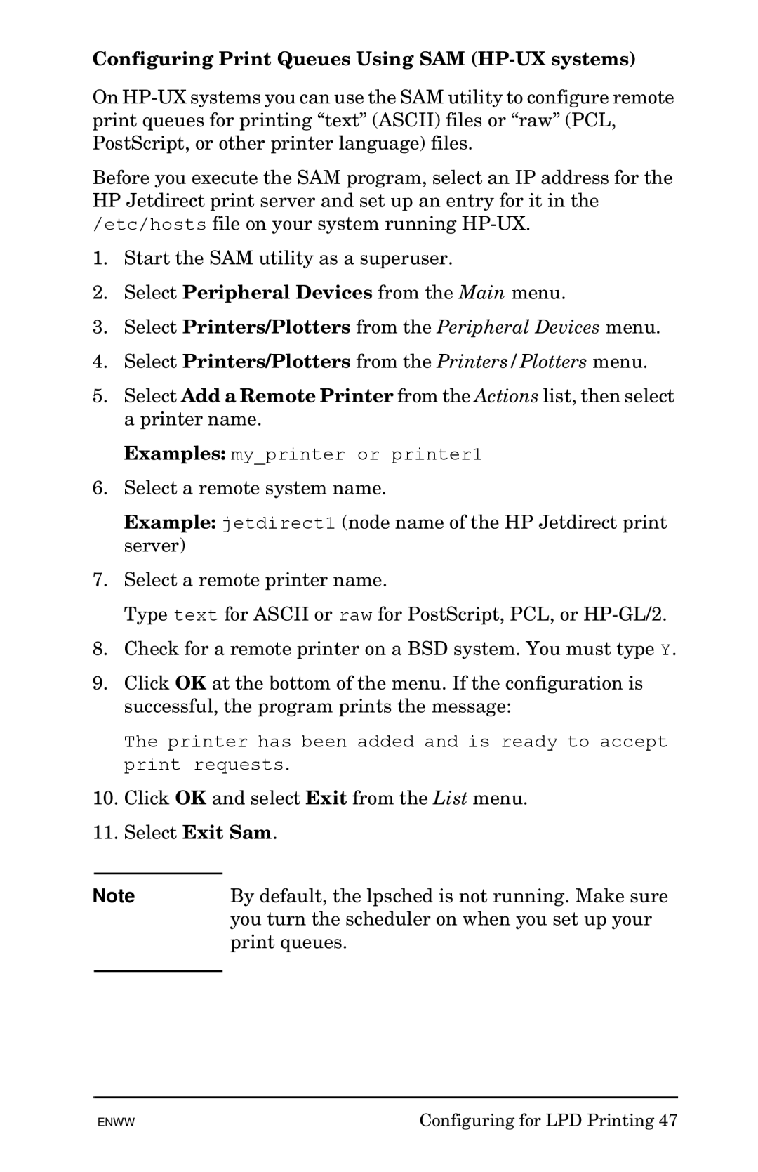 HP 510x Print Server manual Configuring Print Queues Using SAM HP-UX systems 