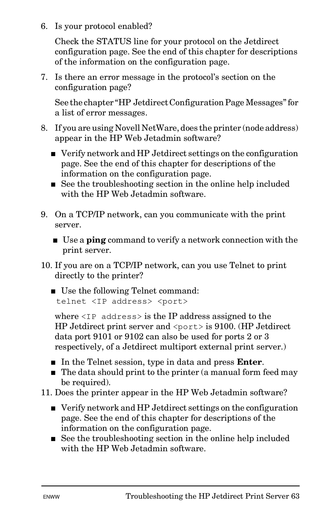 HP 510x Print Server manual Telnet IP address port 