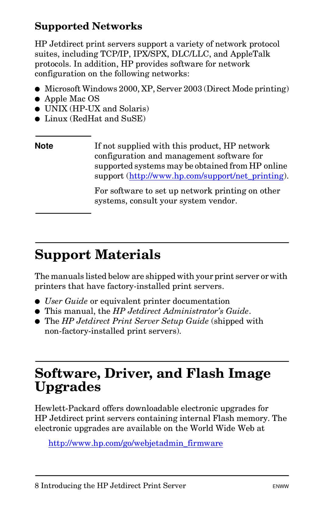 HP 510x Print Server manual Support Materials, Software, Driver, and Flash Image Upgrades, Supported Networks 