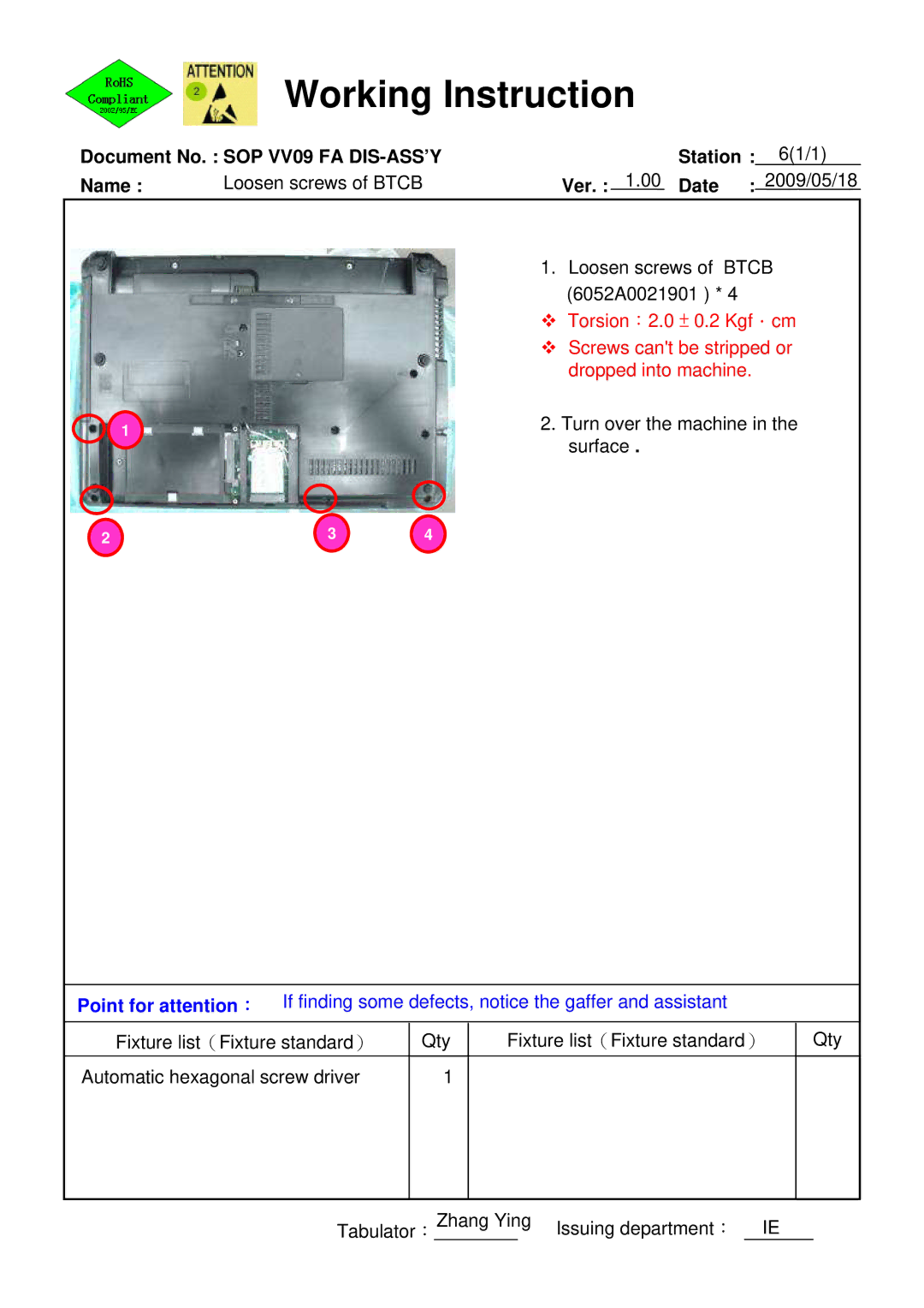 HP 511 manual Loosen screws of Btcb 6052A0021901 