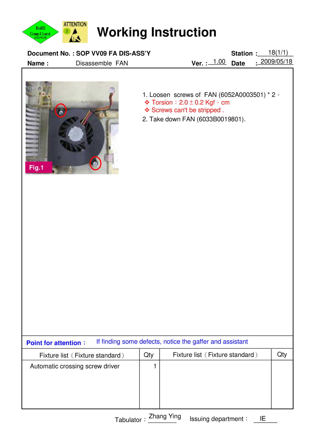 HP 511 manual Loosen screws of FAN 6052A0003501 * 2。 