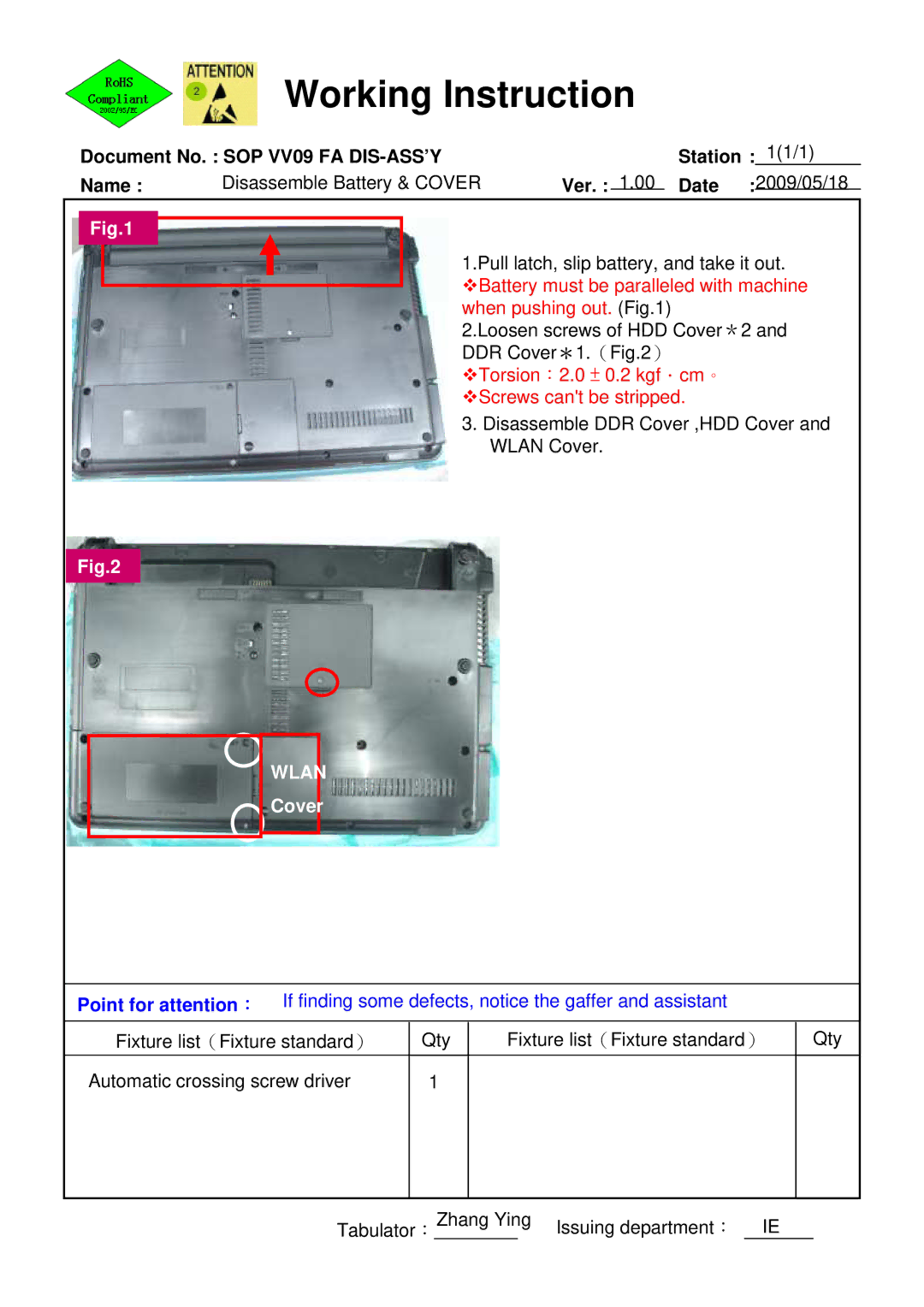 HP 511 manual Working Instruction 