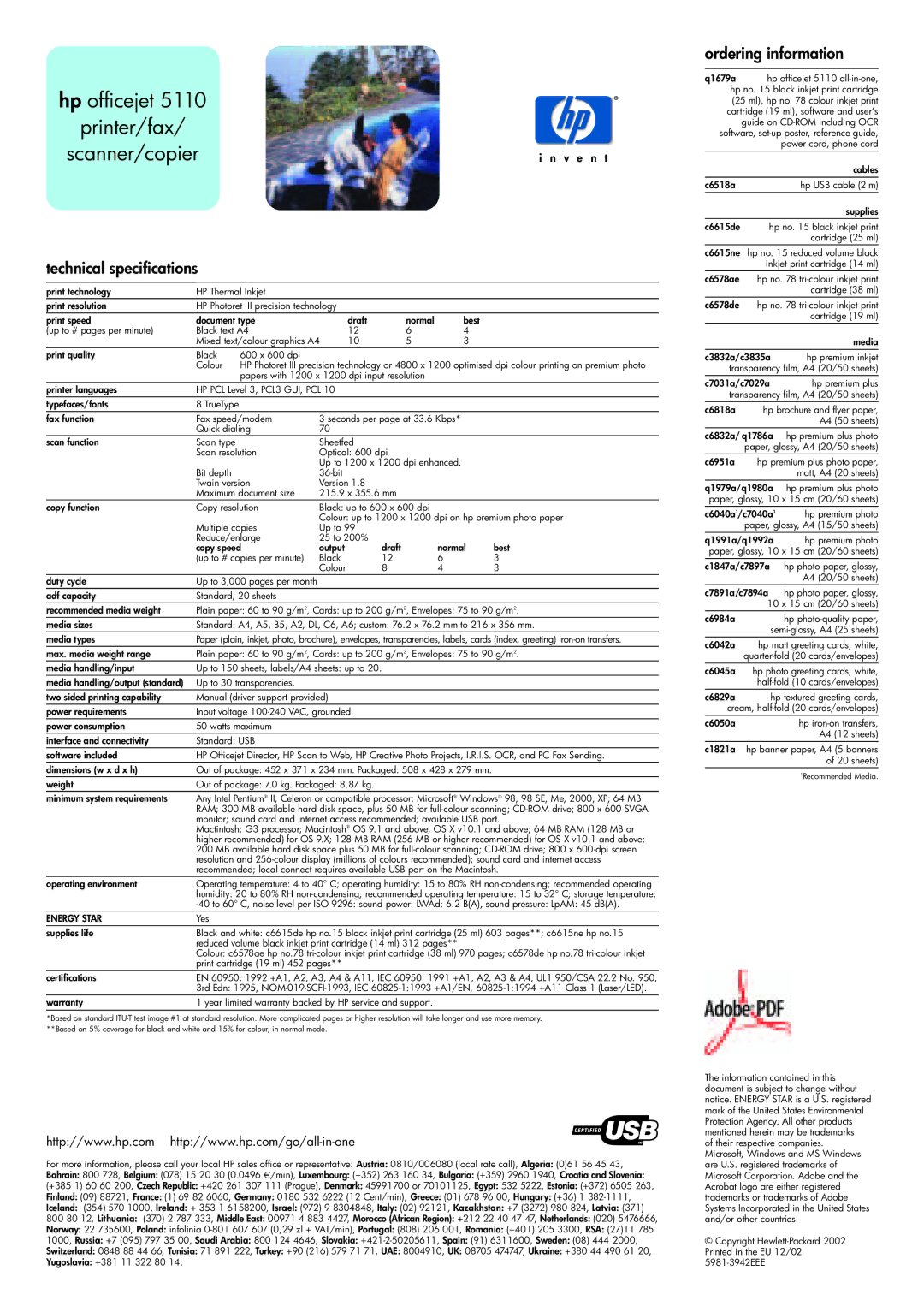 HP 5110 manual Hp officejet Printer/fax Scanner/copier, Technical specifications, Ordering information, Energy Star 