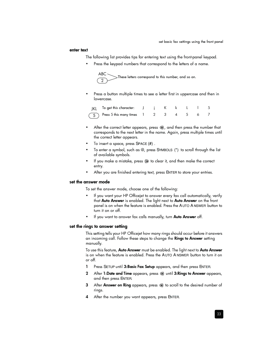 HP 5110xi, 5110v manual Enter text, Set the answer mode, Set the rings to answer setting 